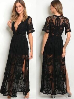 Gothic Black Lace Maxi Dress Sz M Sheer Floral Embroidered Shorts Romper Boho